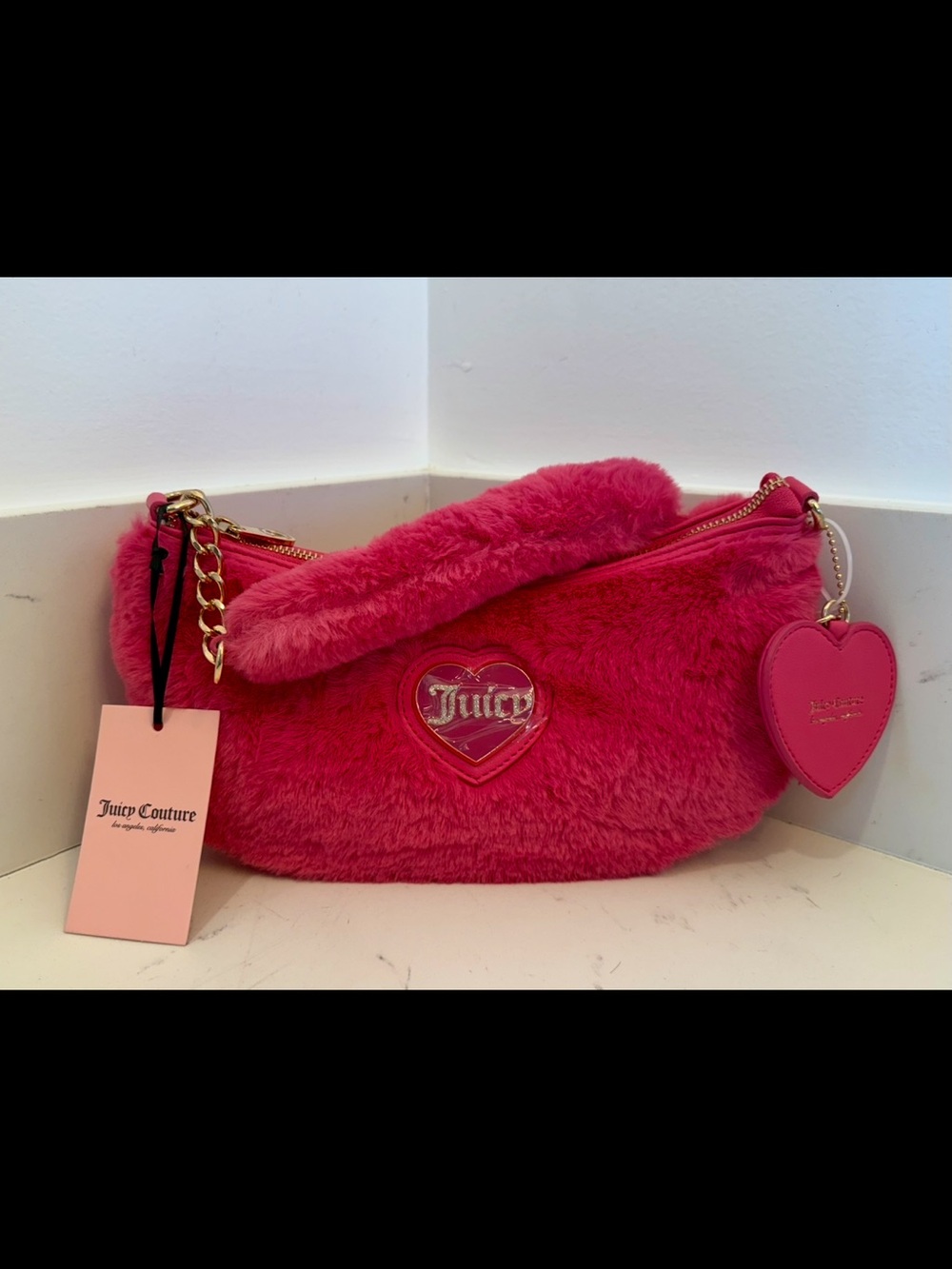NWT Y2K JUICY COUTURE HOT PINK FAUX FUR GOLD ACCENTED MINI SHOULDER BAG